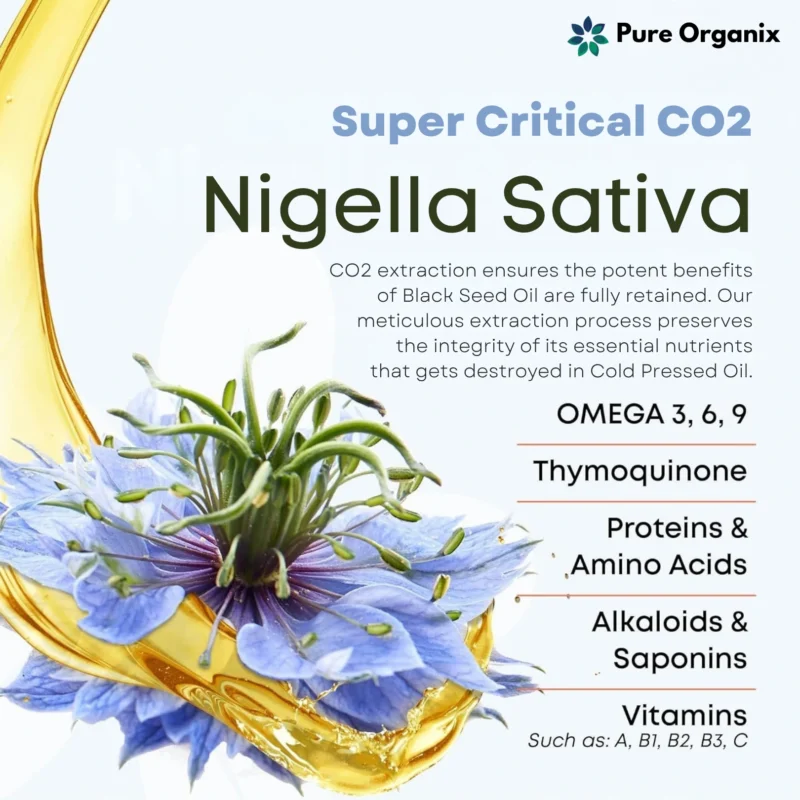 Super Critical CO2 ​ Nigella Sativa oil extraction preserving Omega 3, 6, 9, Thymoquinone, and essential Vitamins.
