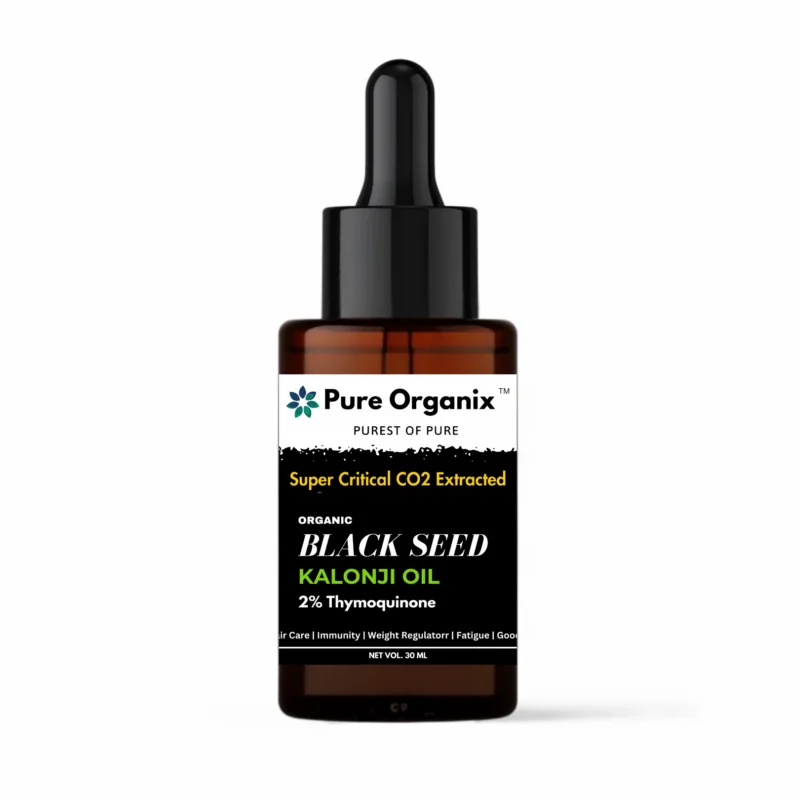 organic-black-seed-kalonji-oil-2-thymoquinone Studio shot of Pure Organix Organic Black Seed Kalonji Oil (2% Thymoquinone) with SC CO2 extracted label.