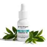 pure-tea-tree-essential-oil-dandruff-acne Pure Organix Tea Tree Essential Oil bottle with natural leaves, highlighting its uses for Dandruff Control, Radiant Skin, and Acne Control.