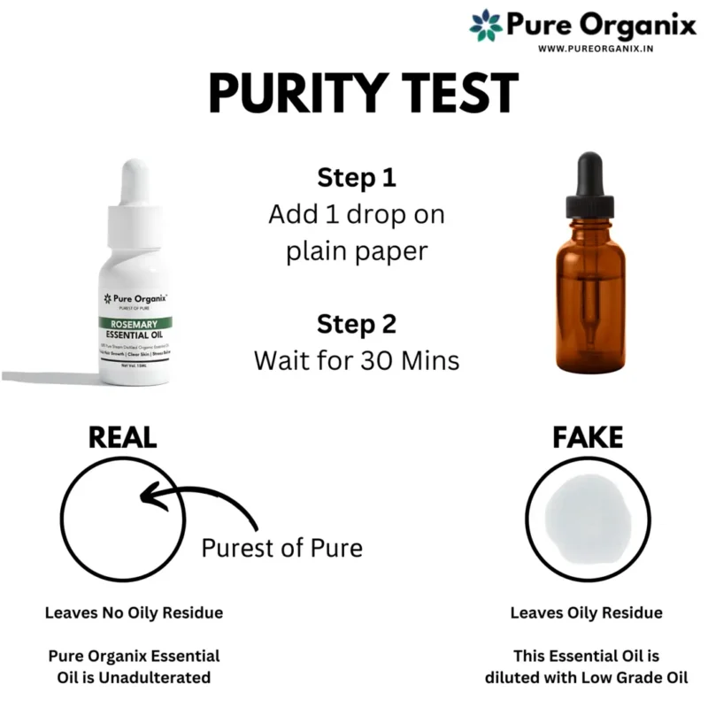 Purity test comparison of real rosemary essential oil (no residue) versus a diluted or fake oil to show quality and concentration.