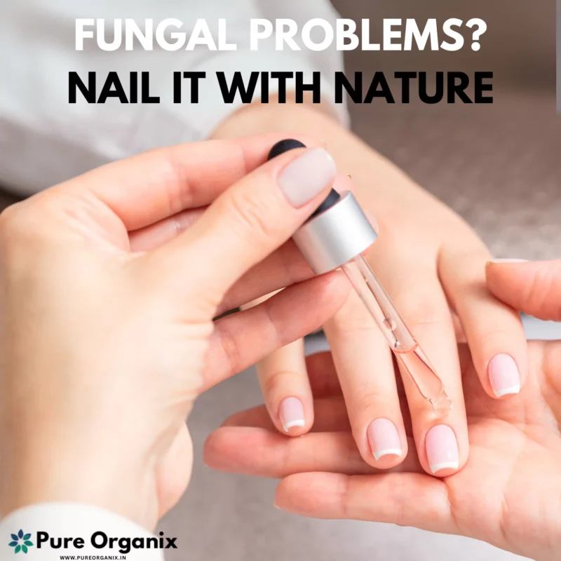 Dropper applying Tea Tree Oil to fingernails, focusing on its antifungal properties for nail fungus treatment and resolving fungal problems naturally.